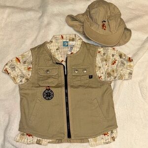 VINTAGE GYMBOREE AFRICAN SAFARI VEST SHIRT & HAT WITH MONKEY 12-18 MONTHS EUC